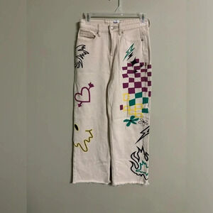 Princess Polly Painted Checkered Graffiti Jeans Size 6 Raw Hem Denim Beige Wide